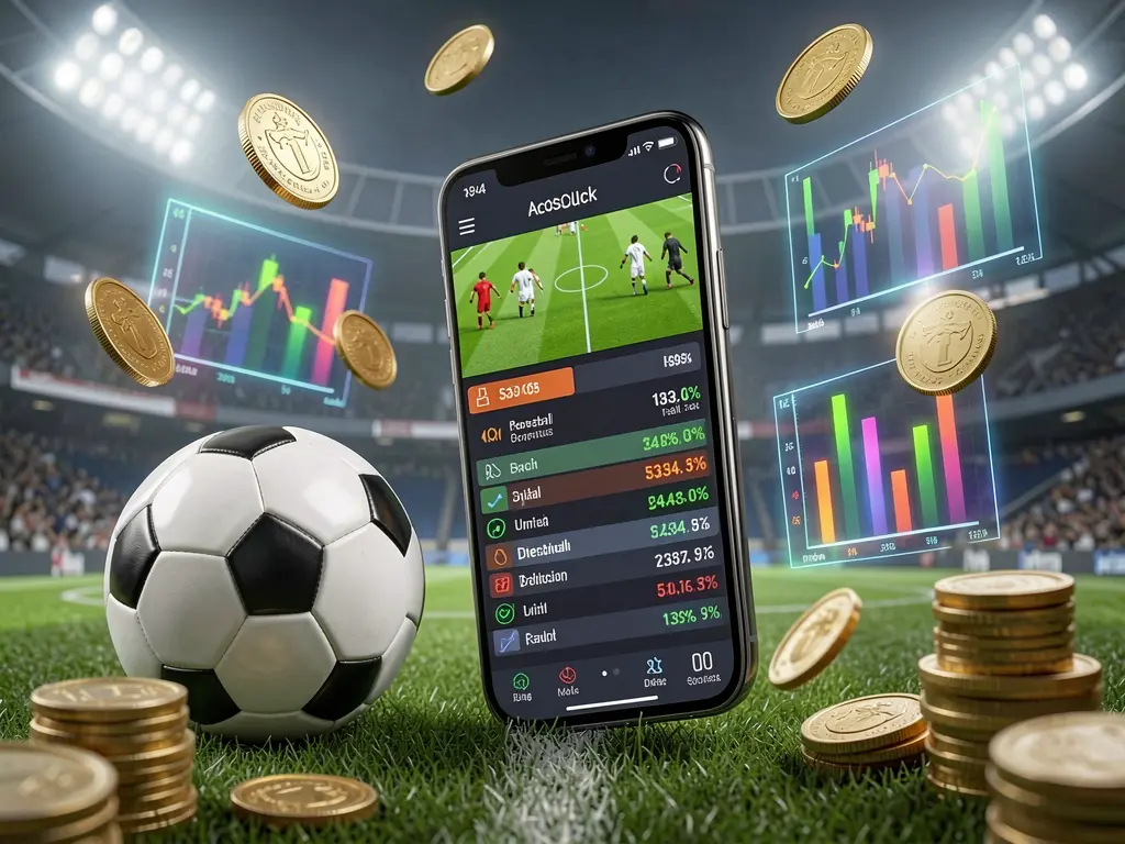 QQTK football prediction betting scene showing a smartphone with match statistics interface, a soccer ball, coins, and glowing data charts floating around in a modern stadium background