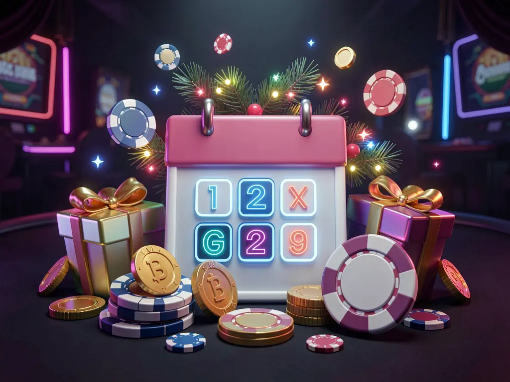 QQTK weekly casino bonus concept featuring a calendar icon, gift boxes, coins, and chips on a festive dark background with neon glow in premium 3D style