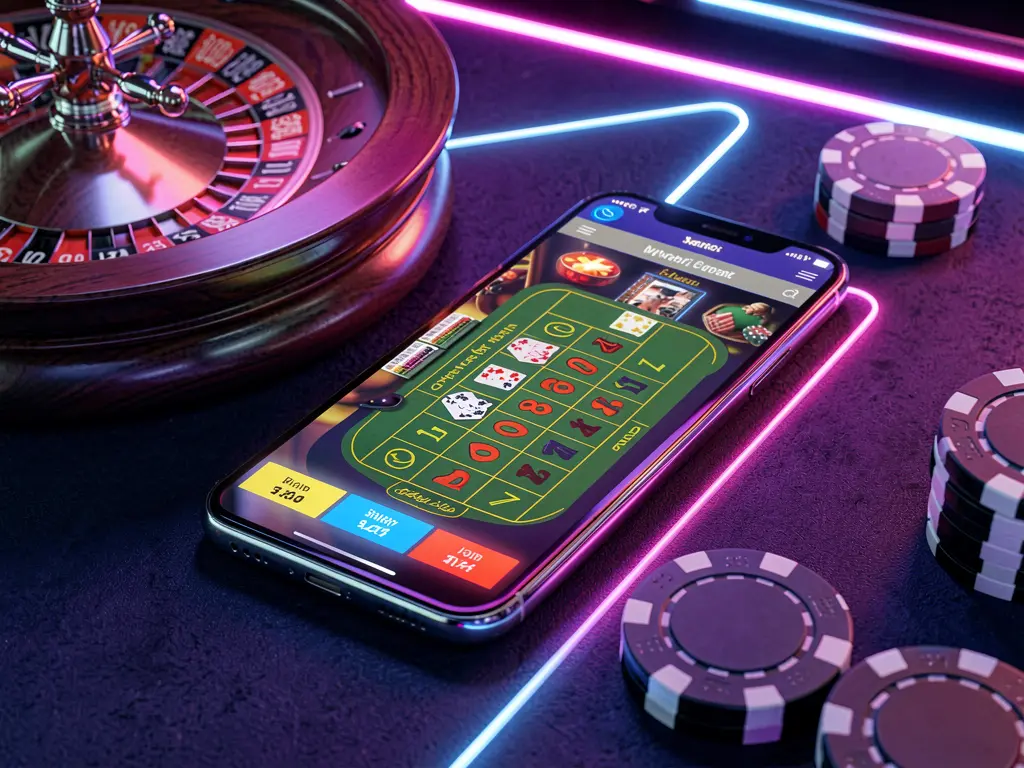 QQTK online casino platform concept with smartphone displaying glowing casino interface, surrounded by roulette wheel and poker chips on a premium neon background