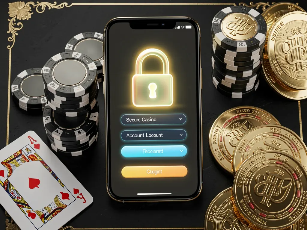 QQTK secure casino account login concept showing a glowing lock icon on a smartphone screen surrounded by poker chips, playing cards, and golden coins on an elegant black and gold background in a realistic 3D render