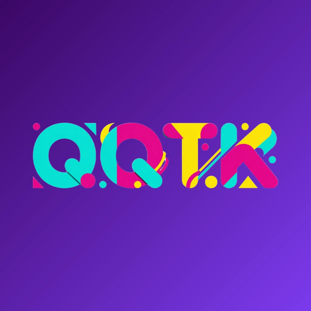 Modern entertainment logo for QQTK featuring bold rounded text in vibrant cyan, magenta, and yellow with playful geometric accents on a transparent background